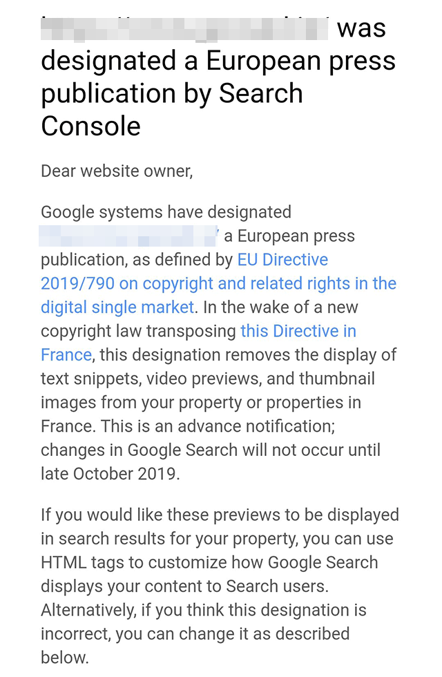 Google-Hinweis an Publisher wegen gekürzter Snippets