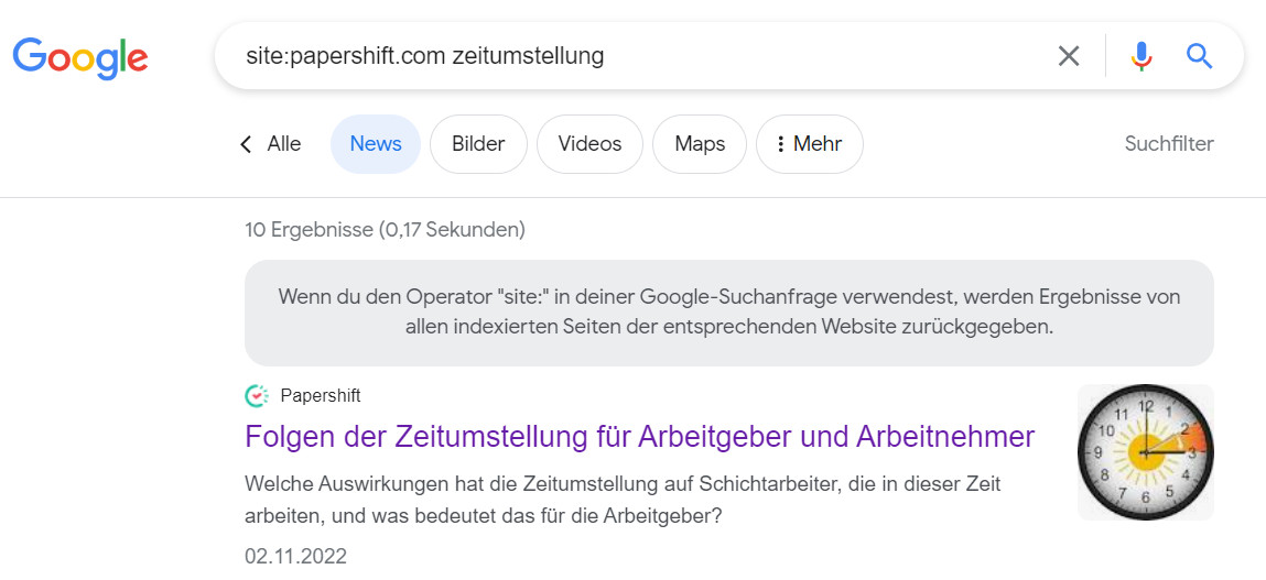 Google Hinweis bei Site-Abfragen