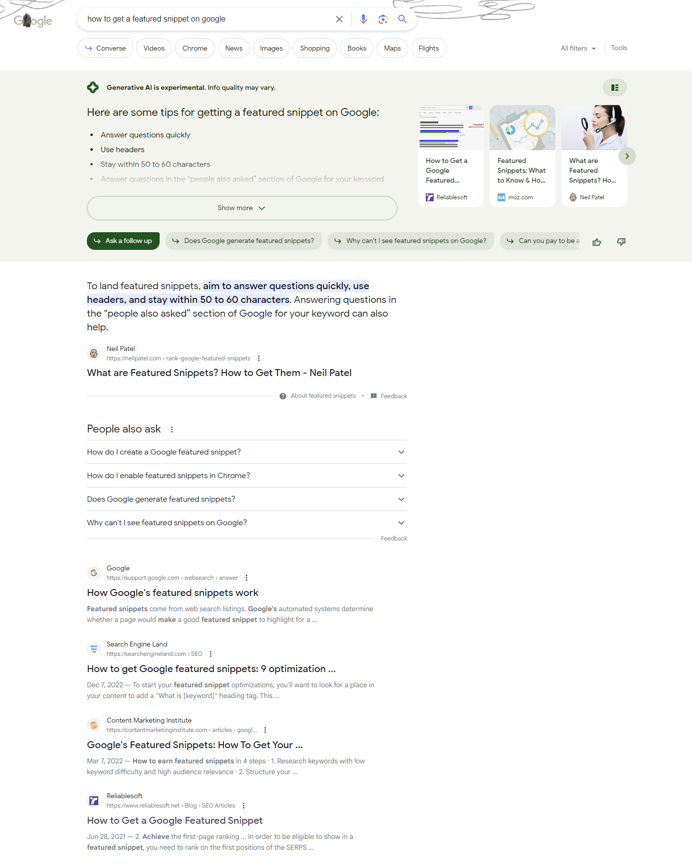 Google SGE: organische Suchergebnisse für 'how to get a featured snippet on google'