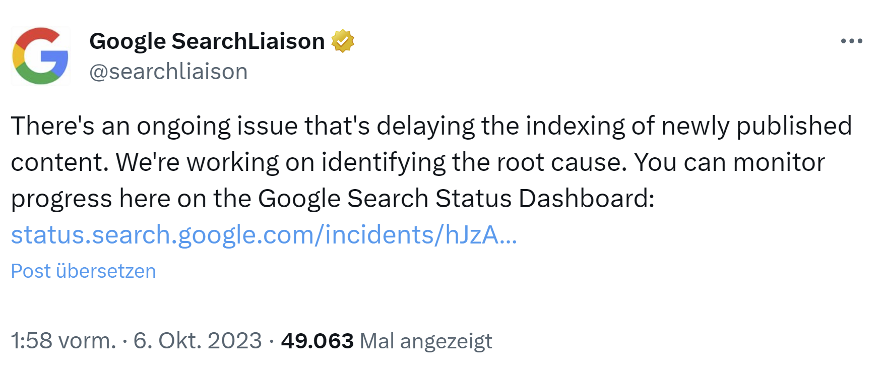 Google gibt Indexierungsprobleme auf Twitter bekannt: 6.10.23
