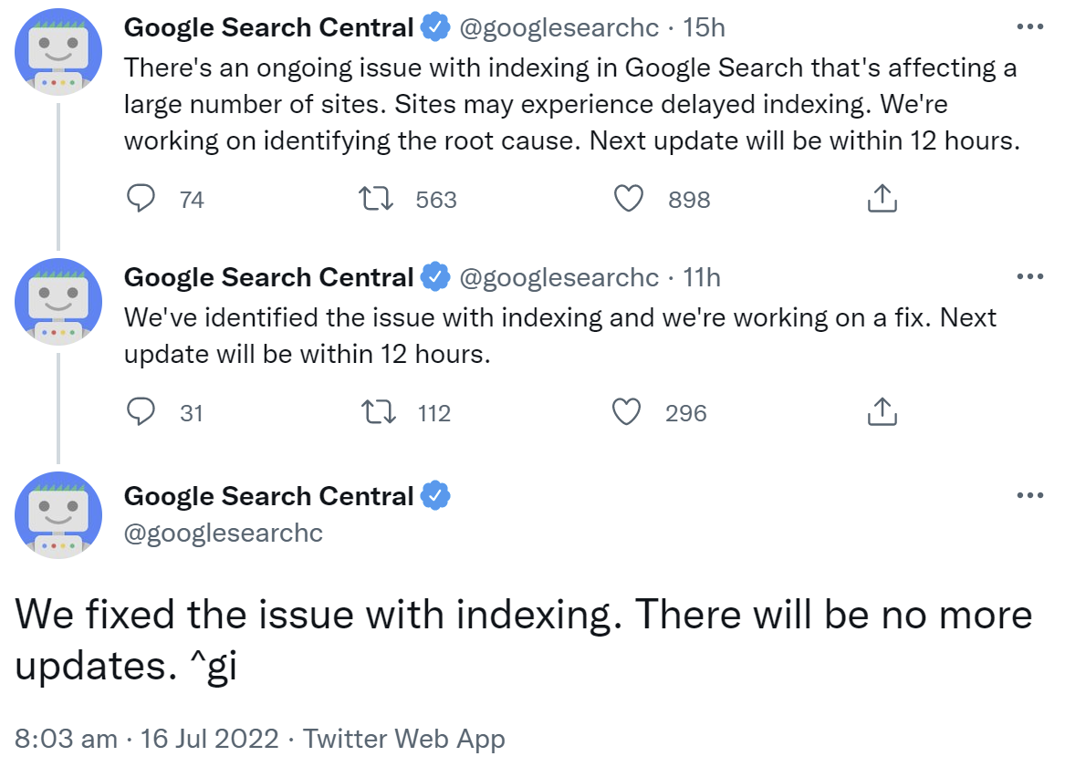 Google Search Central auf Twitter: Indexierungsprobleme sind behoben