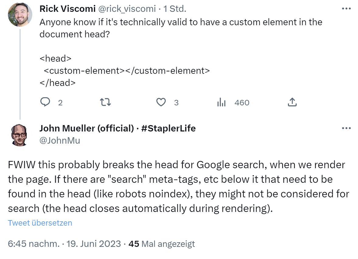 Google: Individuelle Elemente im Head des HTMLs können das Rendern stören