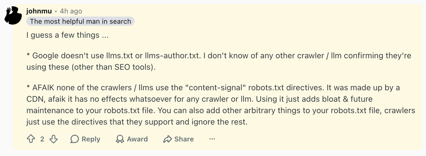 John Müller rät auf Reddit von der Verwendung von 'content-signal' in der robots.txt ab