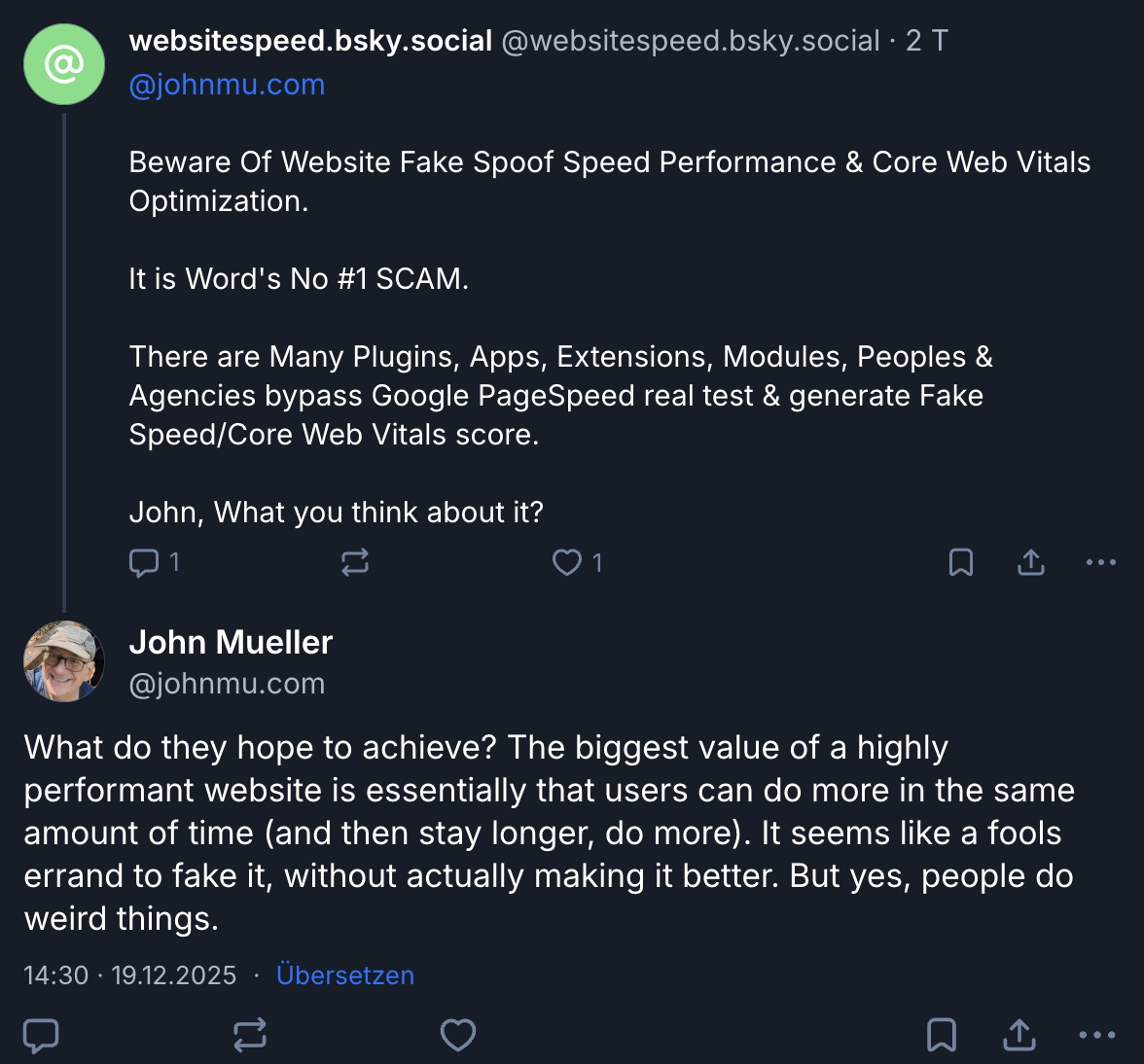John Müller zu Fake Scores in PageSpeed Insights auf Bluesky