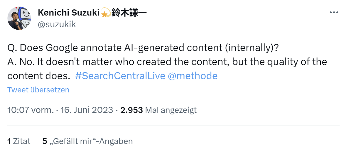 Google: keine interne Kennzeichnung von KI-Inhalten - Kenichi Suzuki auf Twitter