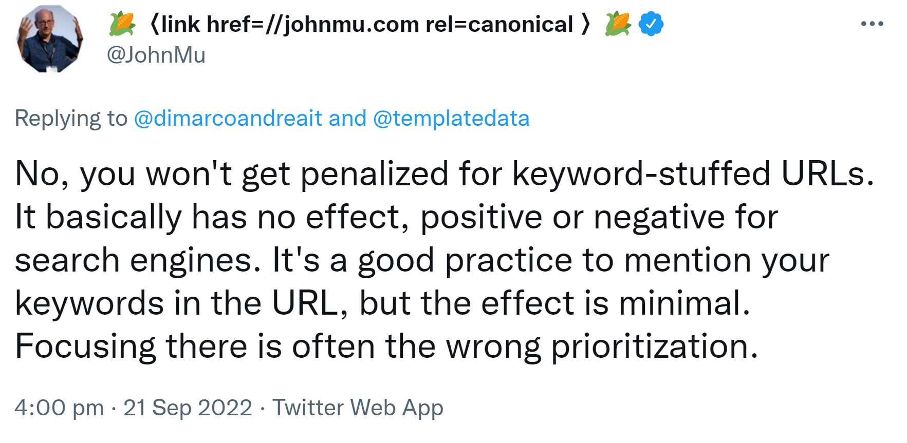 John Müller auf Twitter: keine Penalty wegen Keyword-Stuffing in URLs