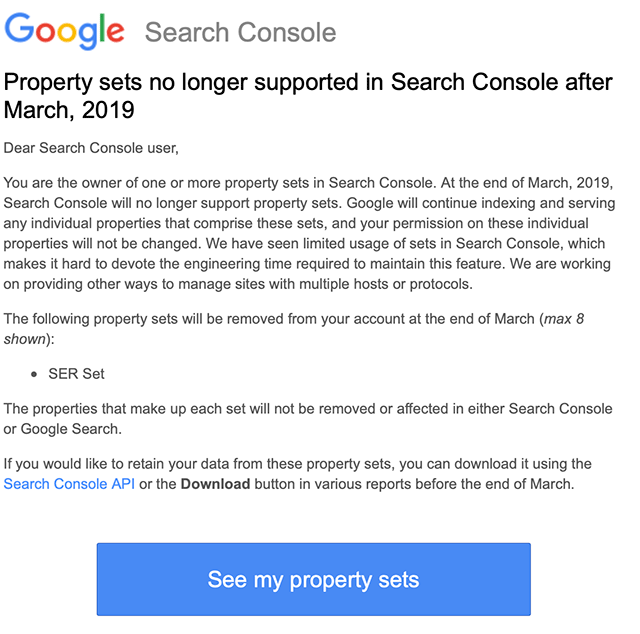 Google Search Console: keine Unterstützung von Property Sets mehr nach März