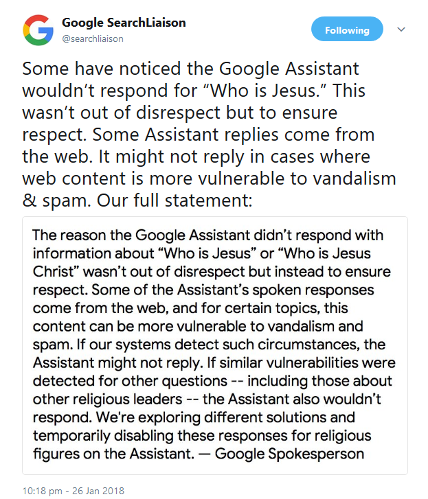 Google: Klarstellung, warum der Google Assistant auf bestimmte religiöse Fragen nicht antwortet