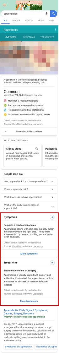 Google: Medical Panel mit zusätzlichen Ergebnissen für Symptome und Behandlungsmöglichkeiten