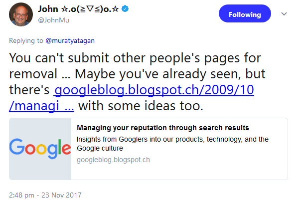 Google: keine Möglichkeit zum Entfernen fremder Inhalte