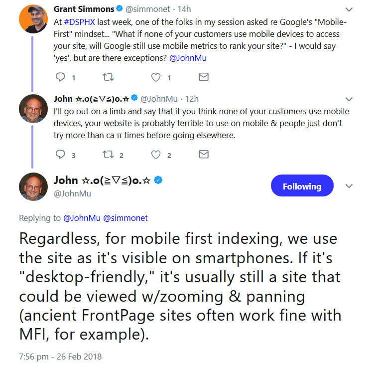 Google: Mobile First-Index bewertet immer die mobile Darstellung, auch dann, wenn eine Seite fast nur Desktop-Besucher hat