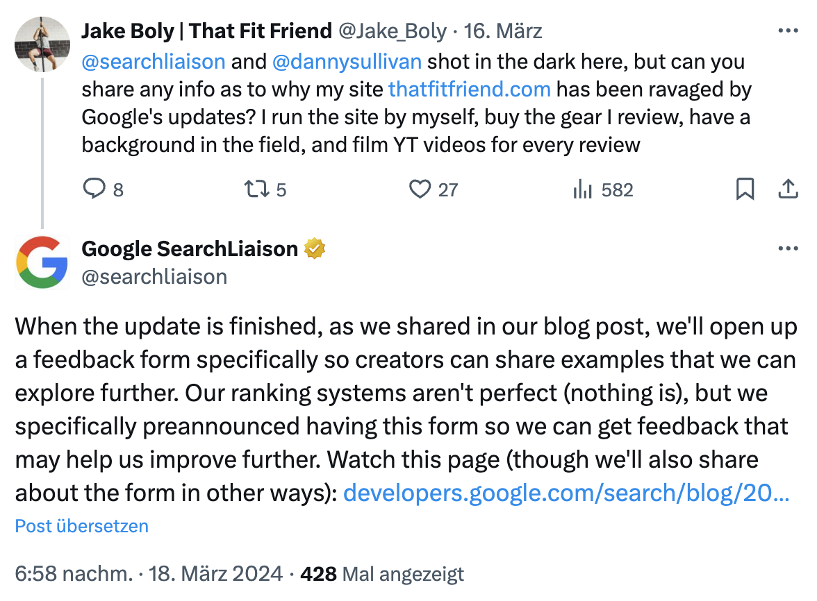 Google: Nach den Updates vom März wird es ein Feedback-Formular geben