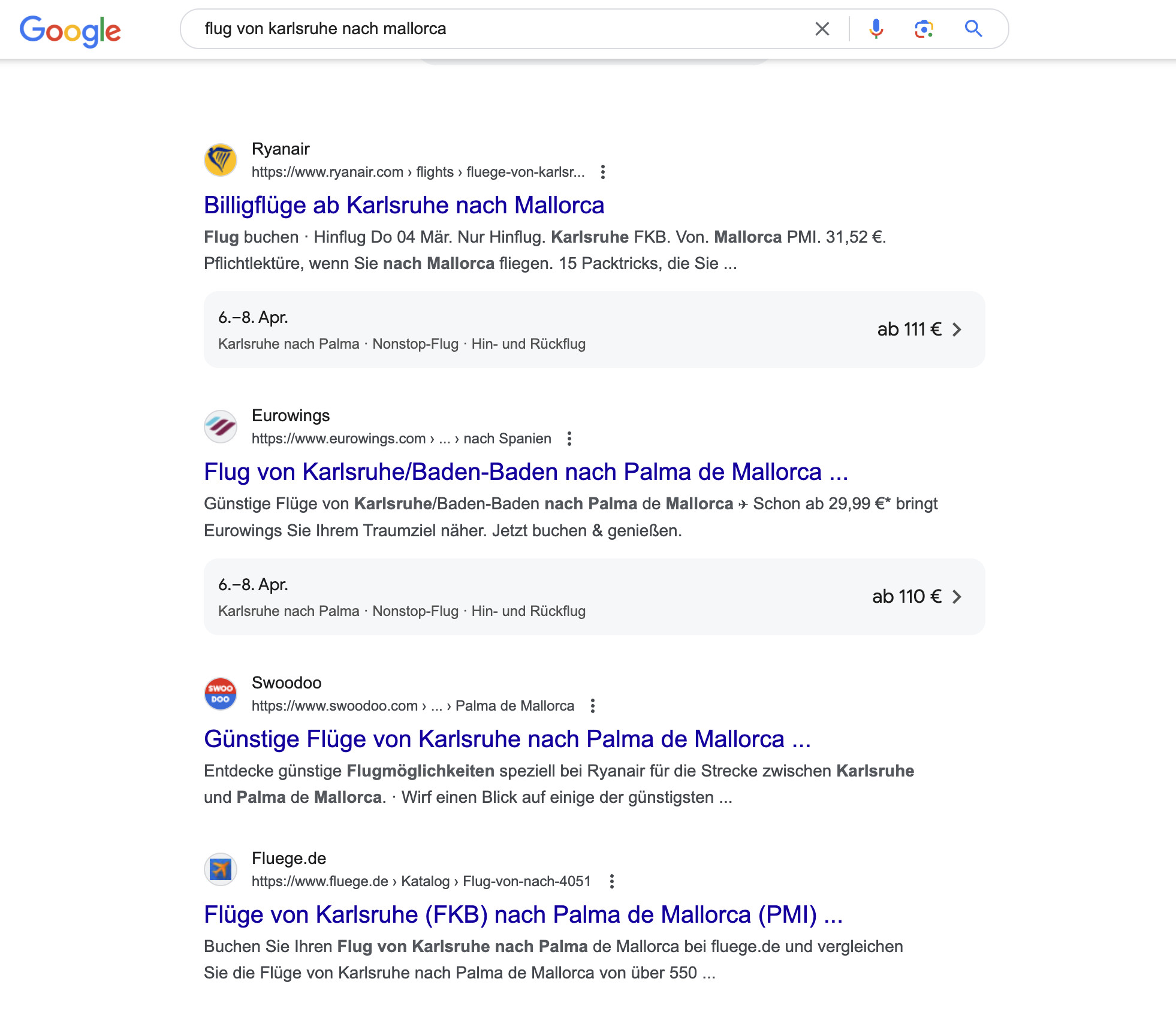 Google: neue Suchergebnisse für Suchanfragen nach Flügen