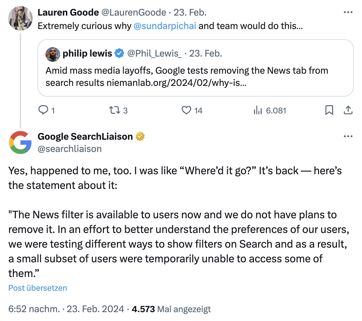 Google: News-Filter wird bleiben