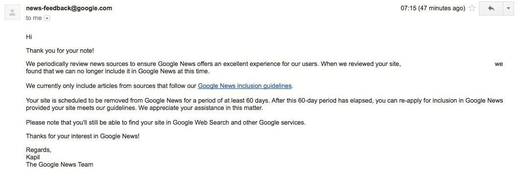 Google: Nachricht an Publisher, dass Ihre Seite aus Google News entfernt wurde