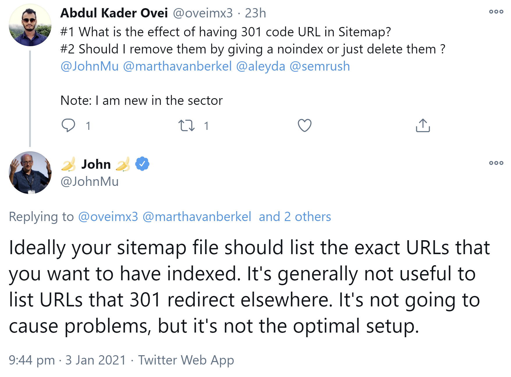Google: URLs mit 301-Redirects in XML-Sitemaps sind nicht optimal