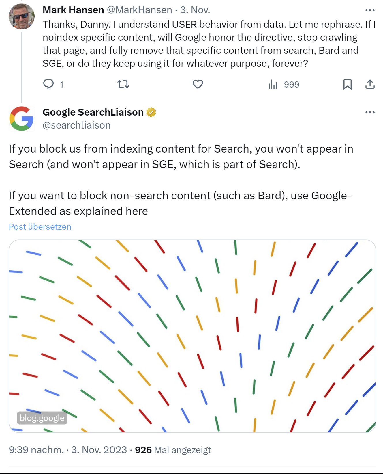 Google: Noindex schließt Inhalte für alle Suche-Produkte aus, nicht aber für Google Bard