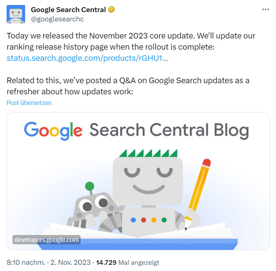 Google rollt das November 2023 Core Update aus