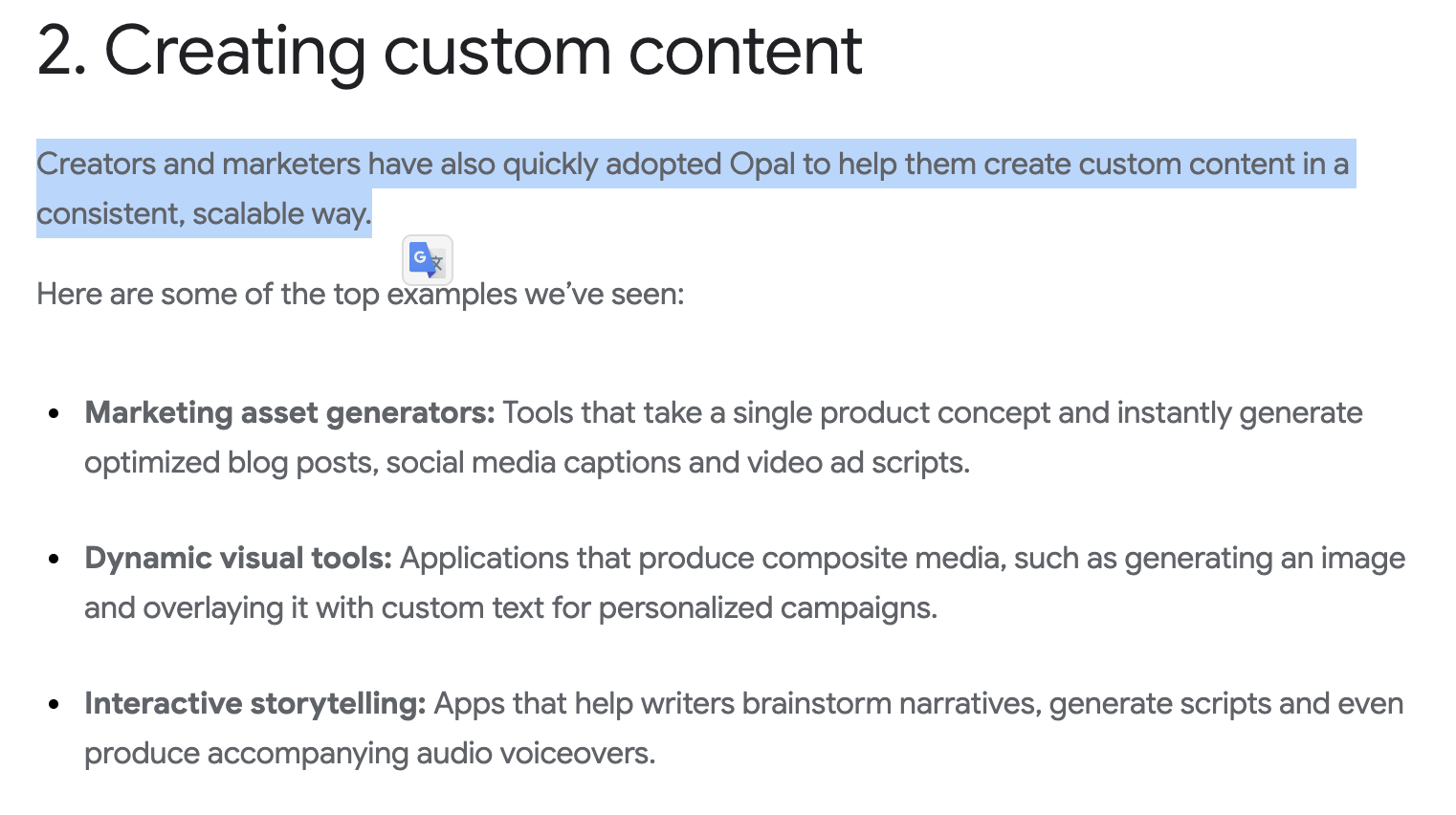 Google Opal create Custom Content in a scalable way