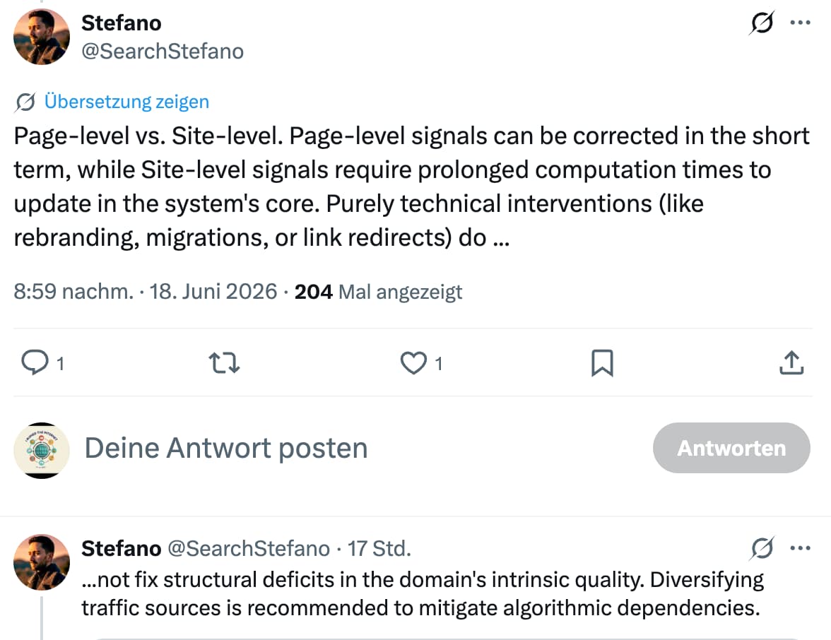 SEO Stefano auf X über seitenbasierte und Website-weite Rankingfaktoren