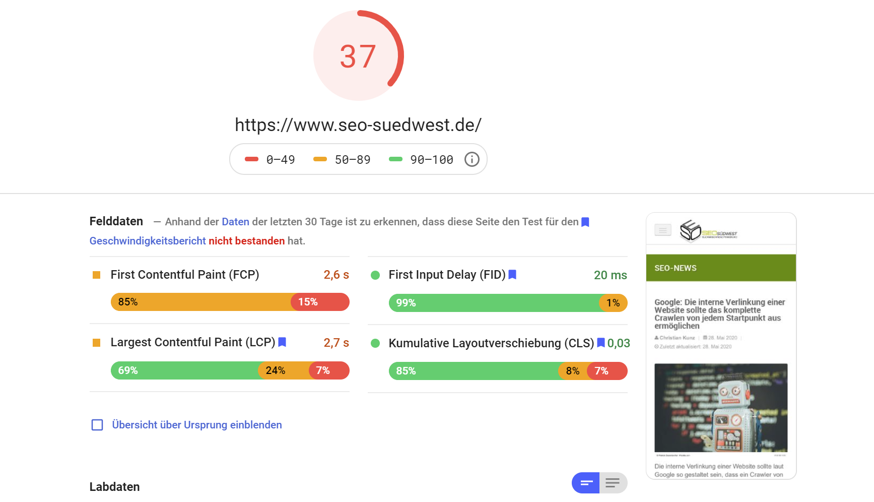 Google PageSpeed Insights jetzt mit neuen Core Web Vitals
