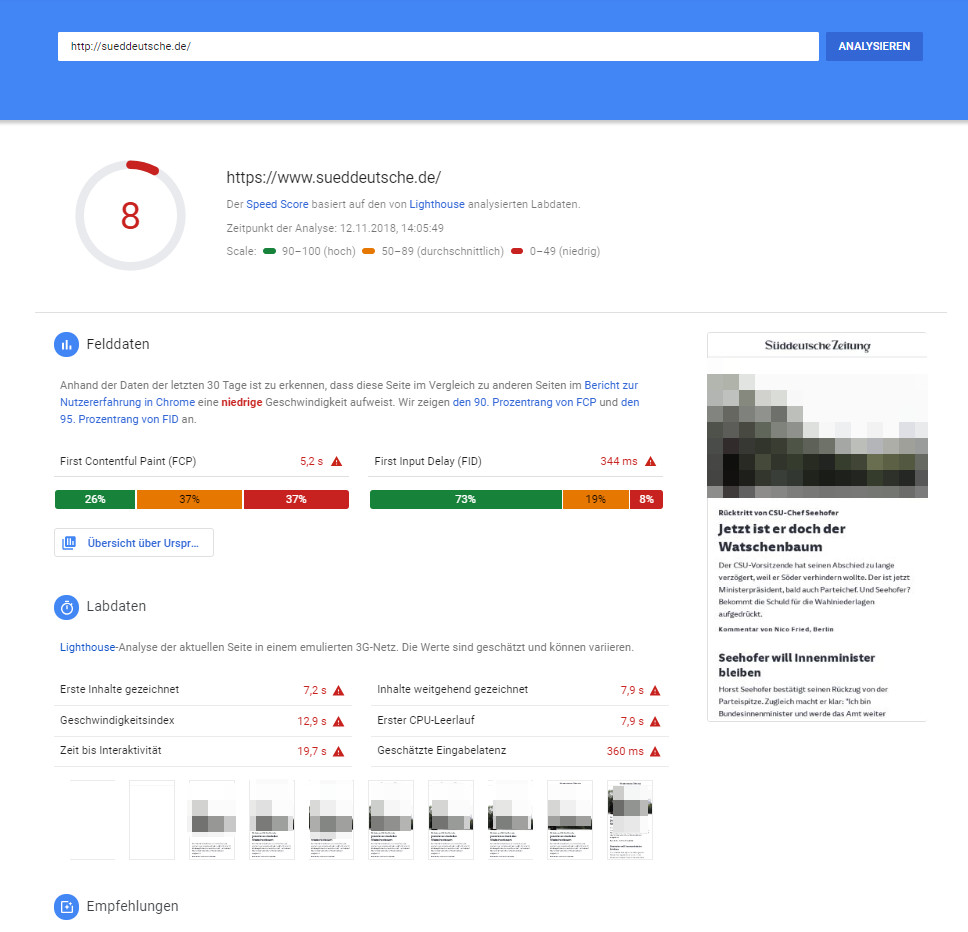 Google PageSpeed Insights: neue Oberfläche