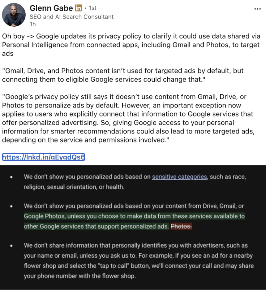 Google: Privacy Policy Änderung ermöglicht personalisierte Ads auf Basis persönlicher Inhalte