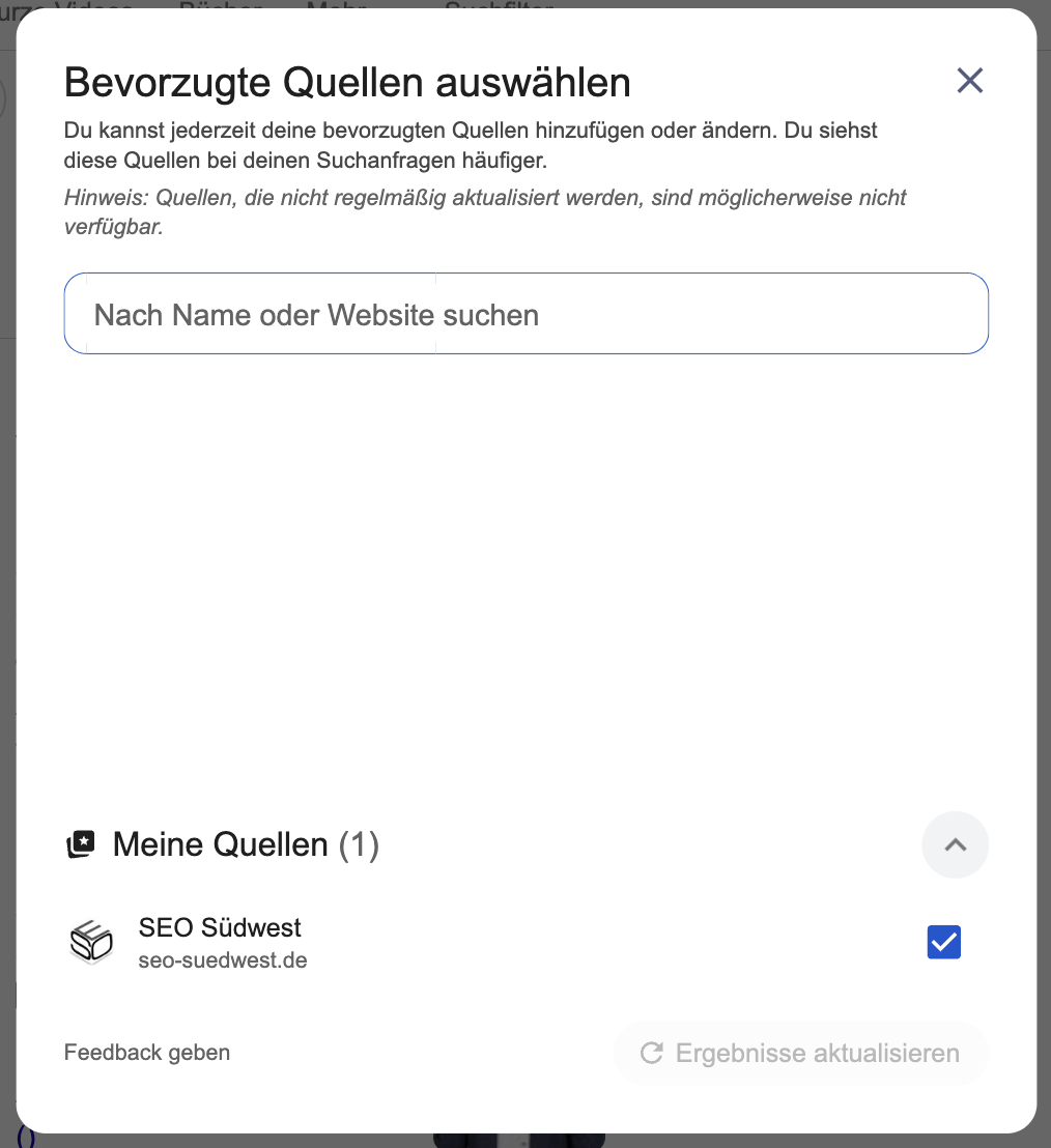 Google Preferred Sources Auswahlfenster