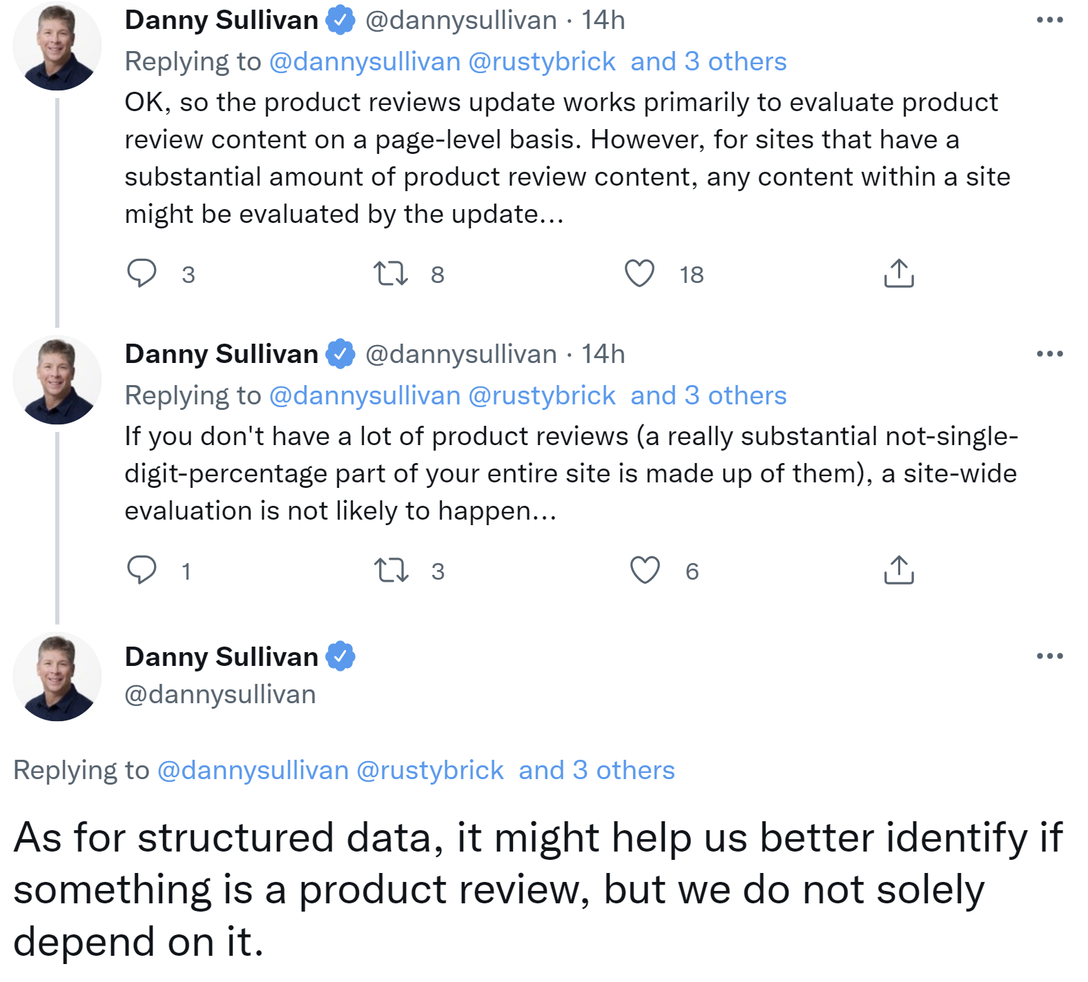 Danny Sullivan von Google: Ob sich ein Product Reviews Update nur auf einzelne Seiten oder auf die gesamte Website auswirkt, hängt vom Anteil der Product Reviews ab.
