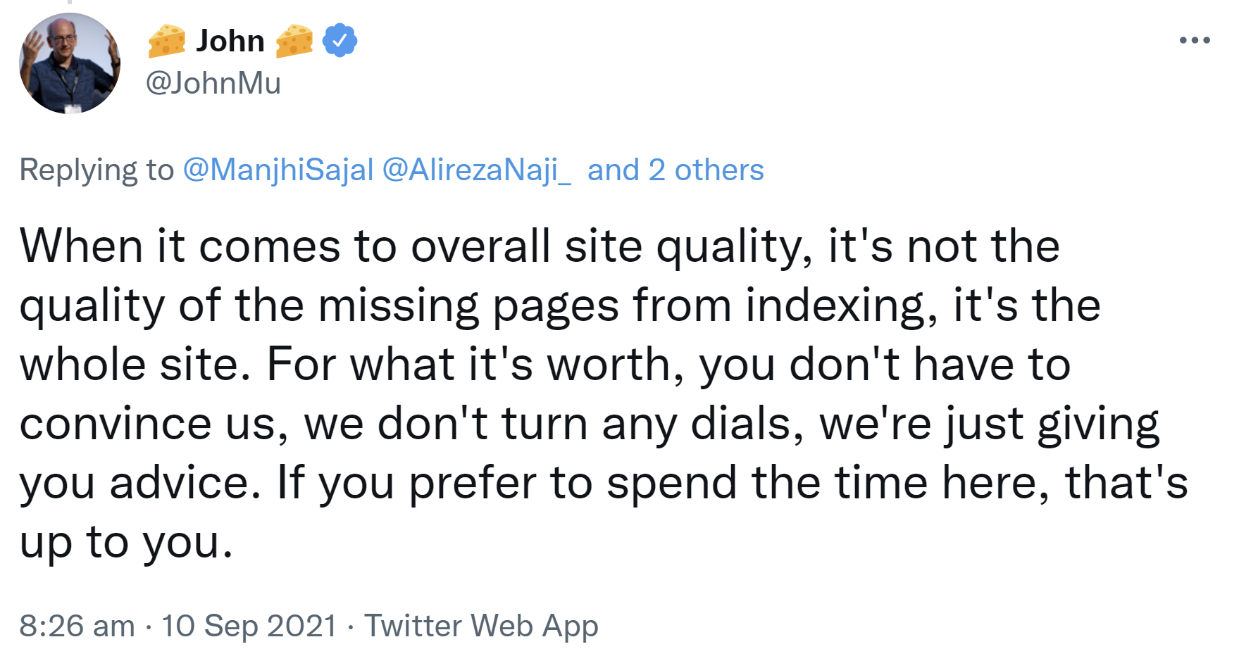Google: Qualität betrifft die Website insgesamt und nicht nur die nicht indexierten Seiten