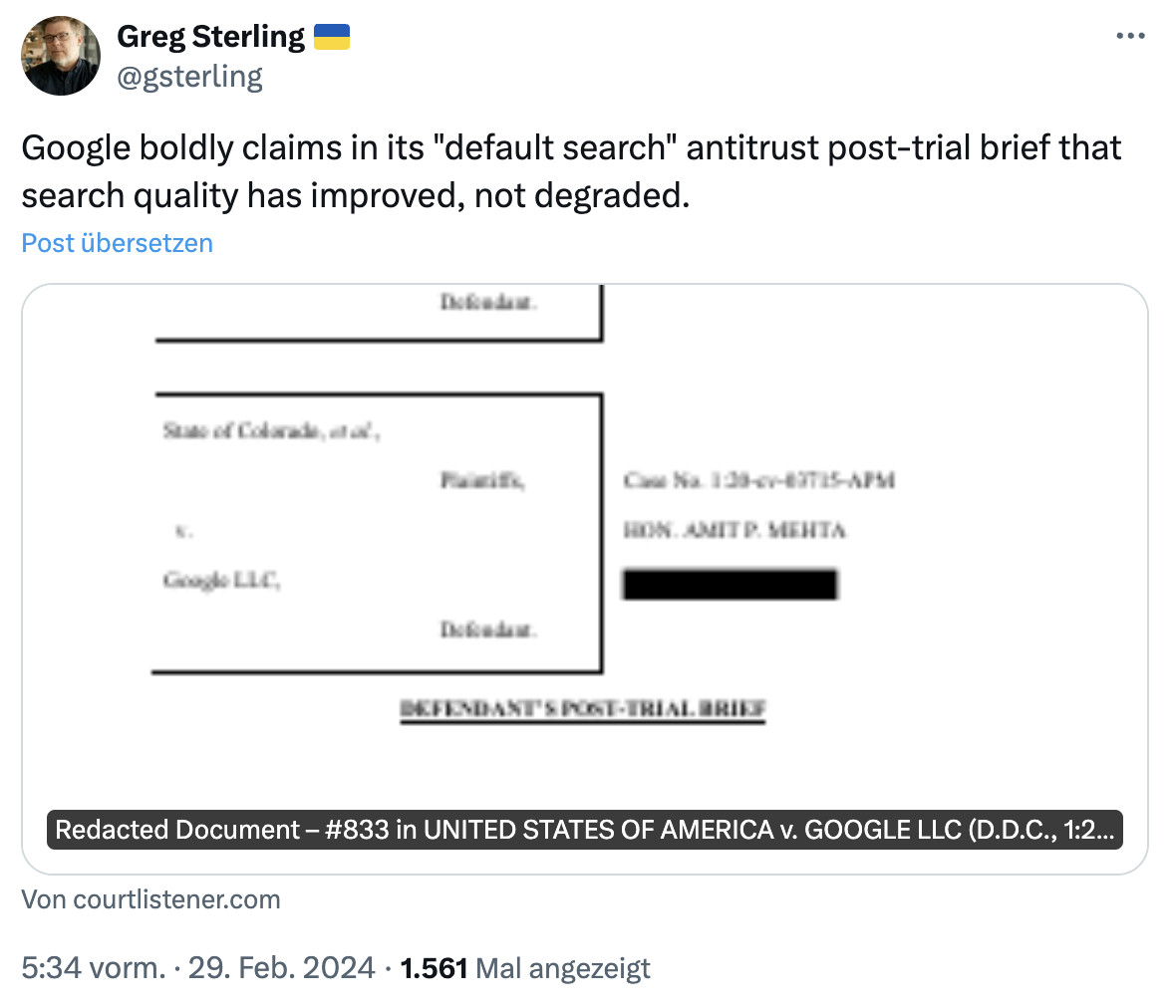 Google: 'Qualität der Suche hat sich kontinuierlich verbessert' - Greg Sterling auf Twitter