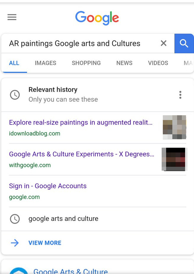 Google: zuletzt besuchte Seiten auf der SERP - 'Relevant history' - geöffnet