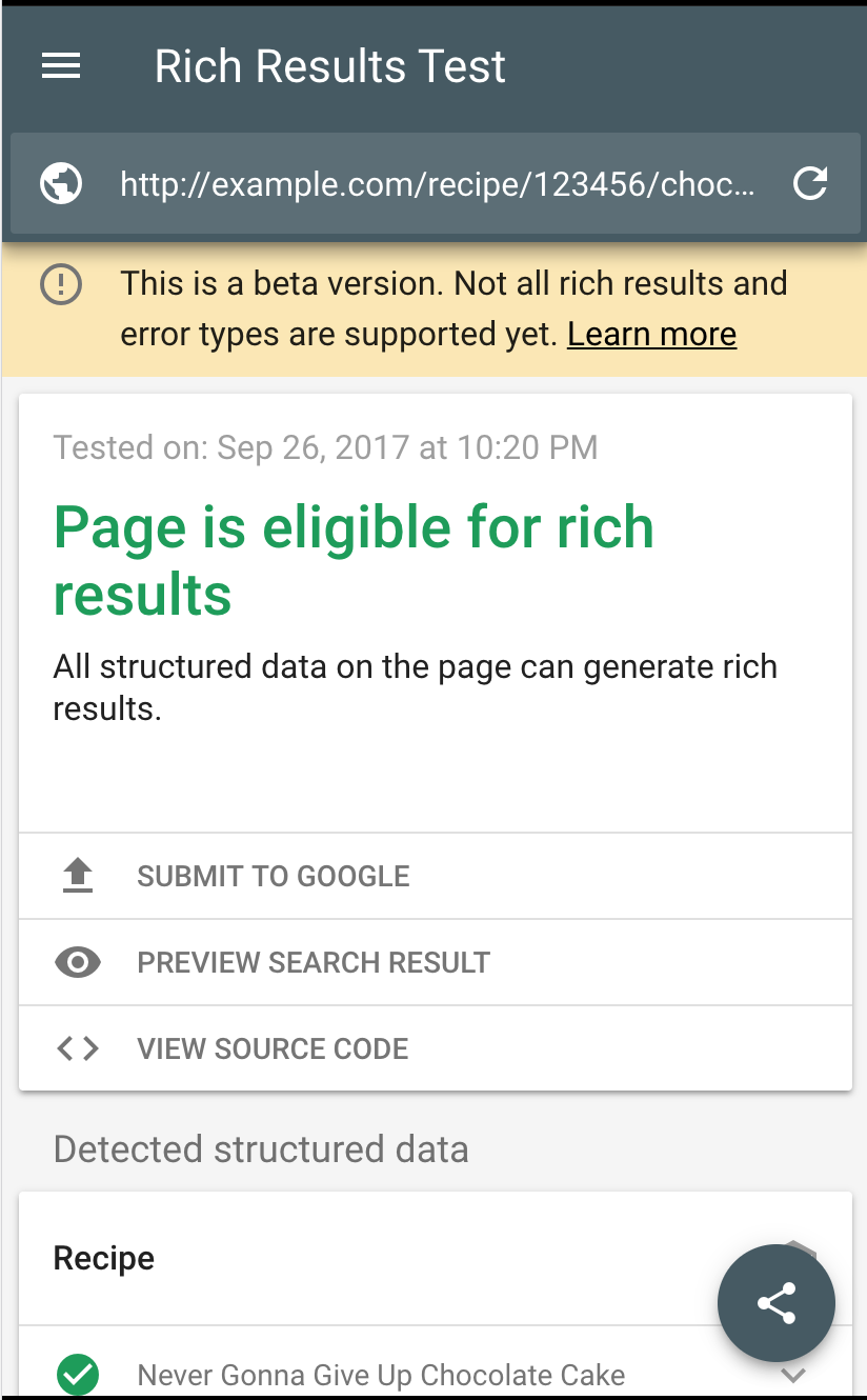 Google: Rich Result Testing Tool Beispiel