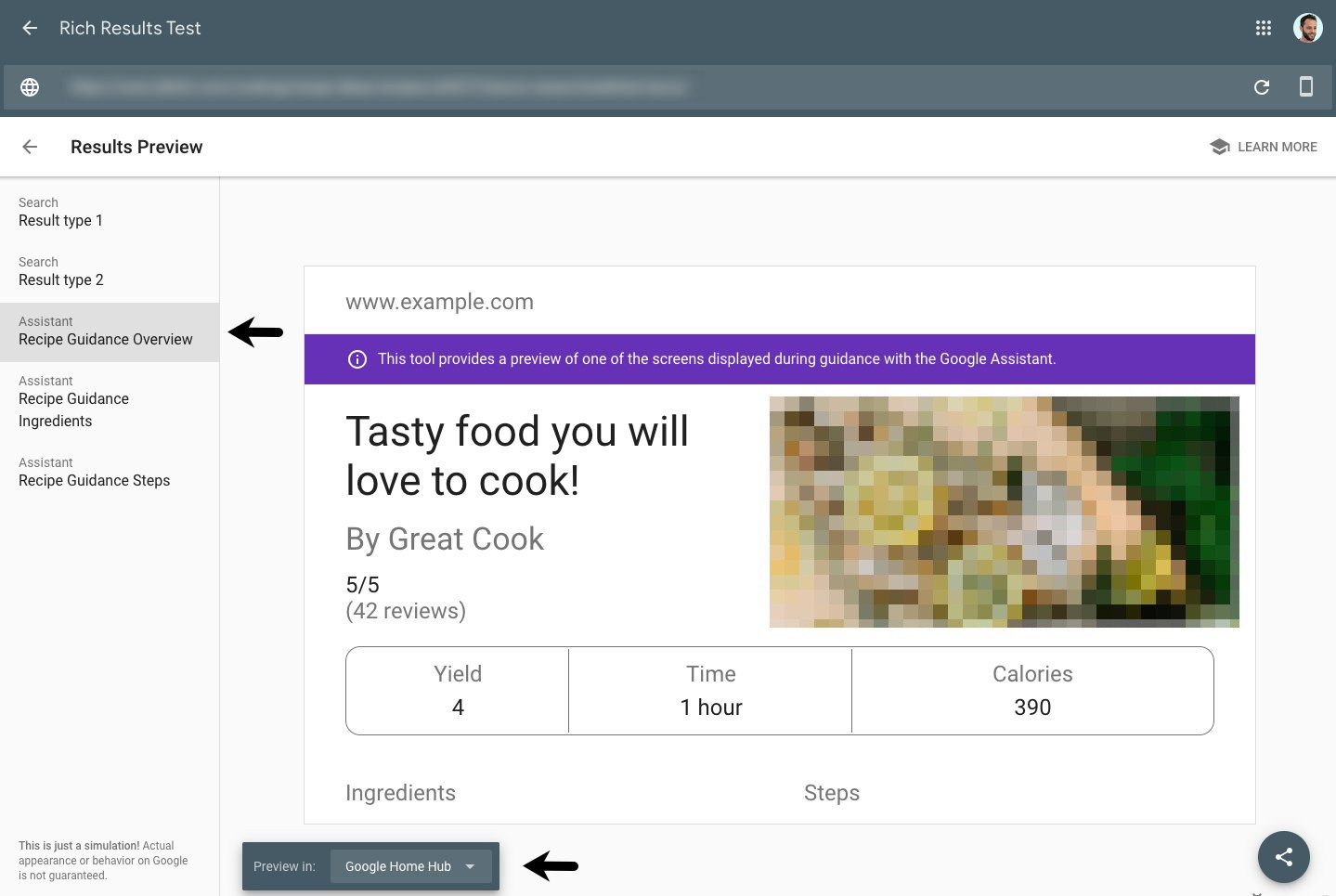 Google Rich Results Tool mit Vorschau eines Rich Snippets für Rezepte auf Google Home