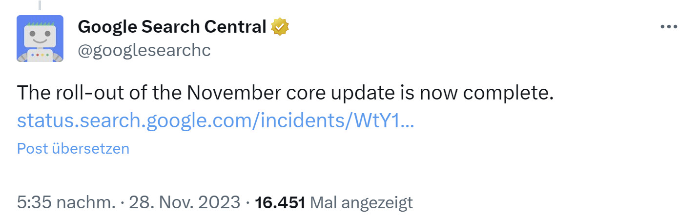 Google: Core Update vom November ist abgeschlossen
