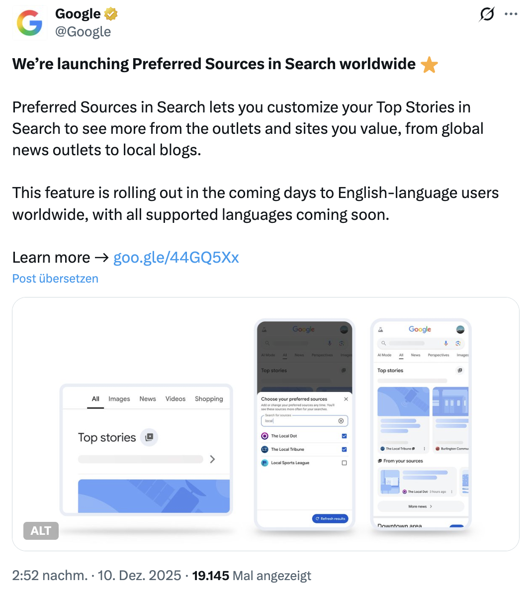 Google rollt Preferred Sources weltweit aus