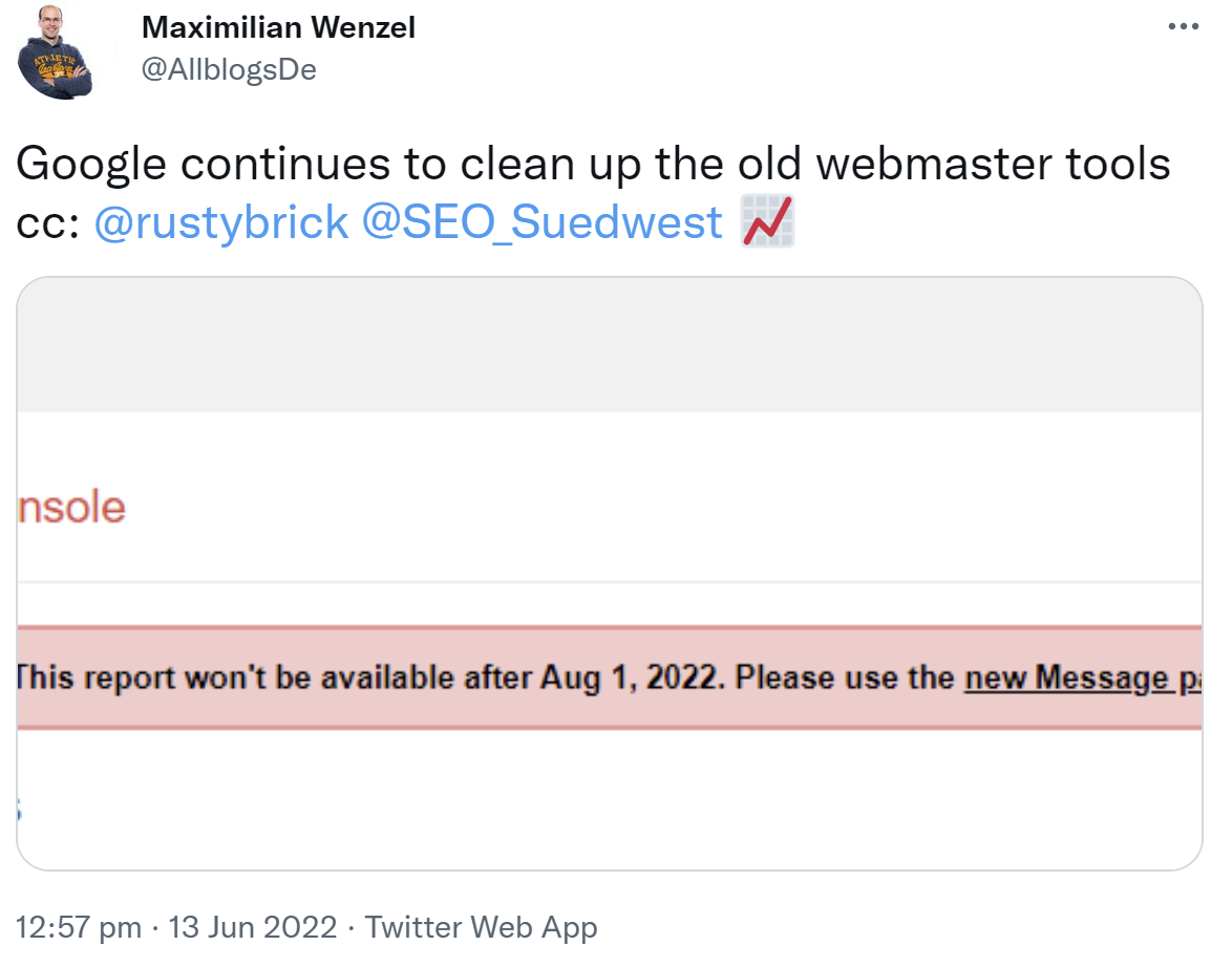 Google schaltet Benachrichtigungszentrum in alter Search Console ab - Tweet von Maximilian Wenzel