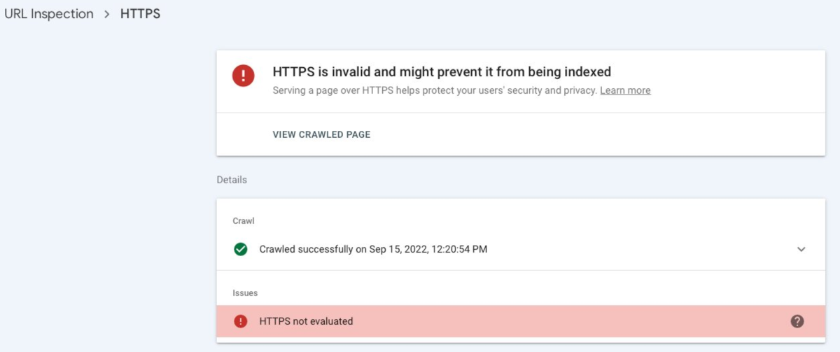 Google Search Console: Invalid HTTPS might prevent page from being indexed - URL Inspection Tool