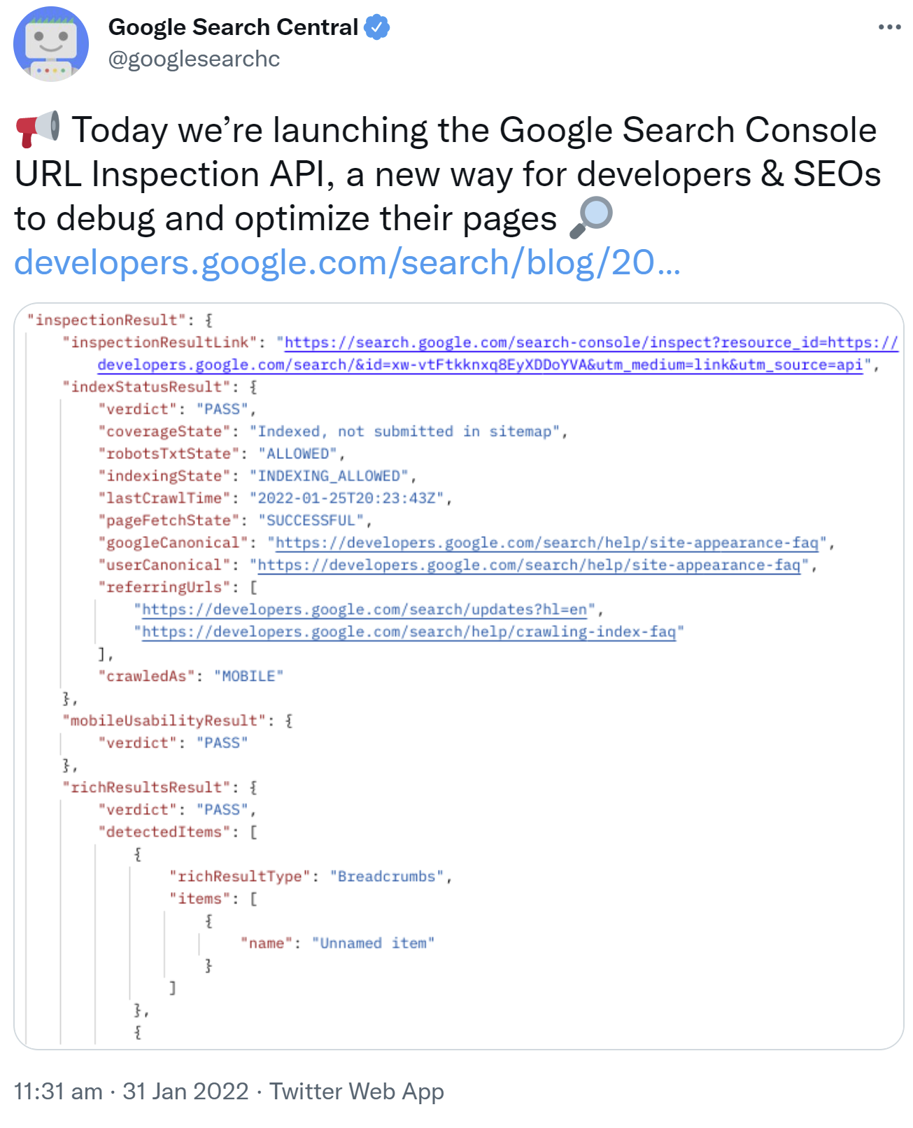 Google Search Console URL Inspection URL ist jetzt verfügbar - Google per Twitter