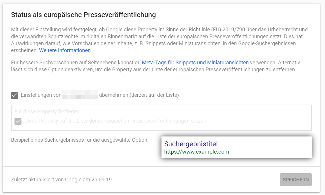 Google Search Console: Status als europäische Presseveröffentlichung - Detailansicht