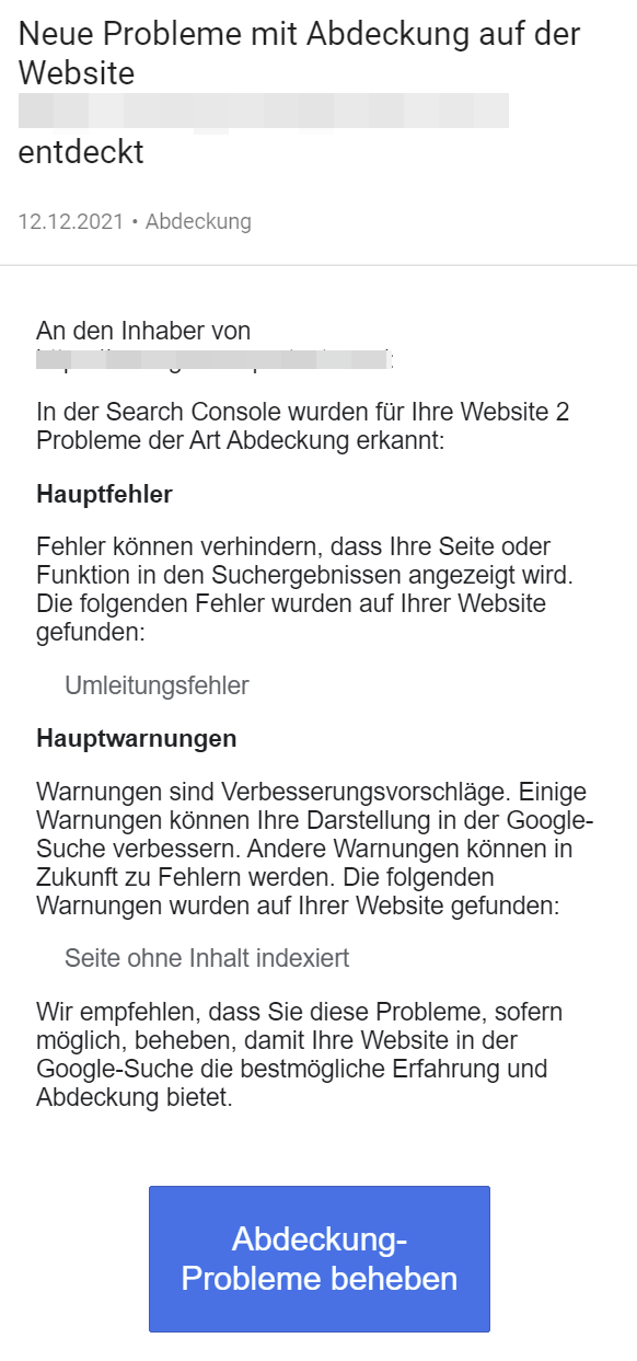 Google Search Console: Warnung wegen Umleitungsfehler