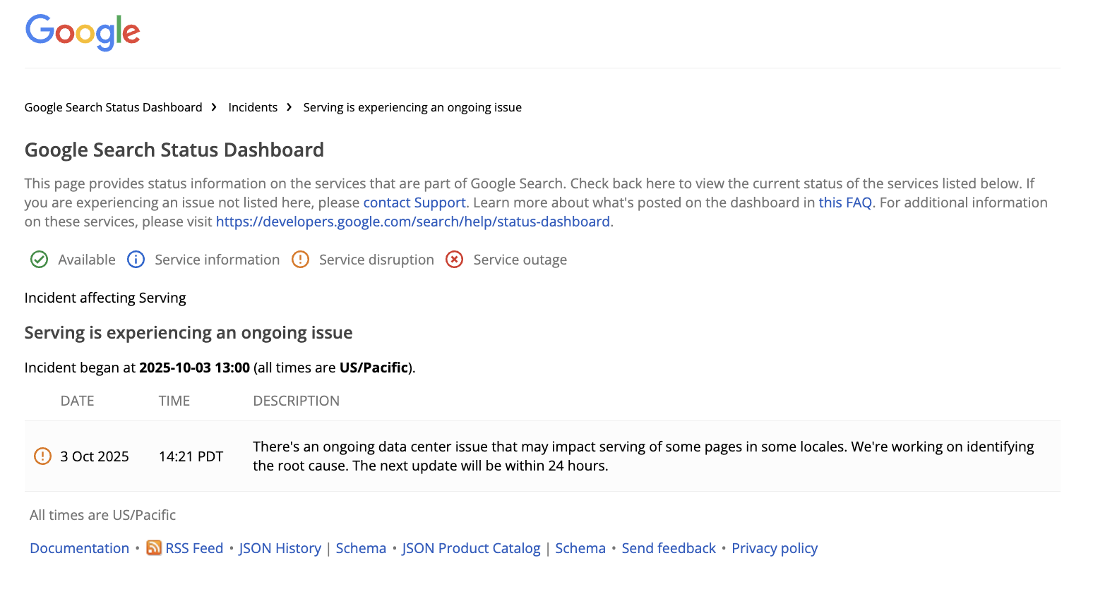 Google Search Status Dashboard 04.10.25 - Probleme mit dem Ausspielen von Suchergebnissen