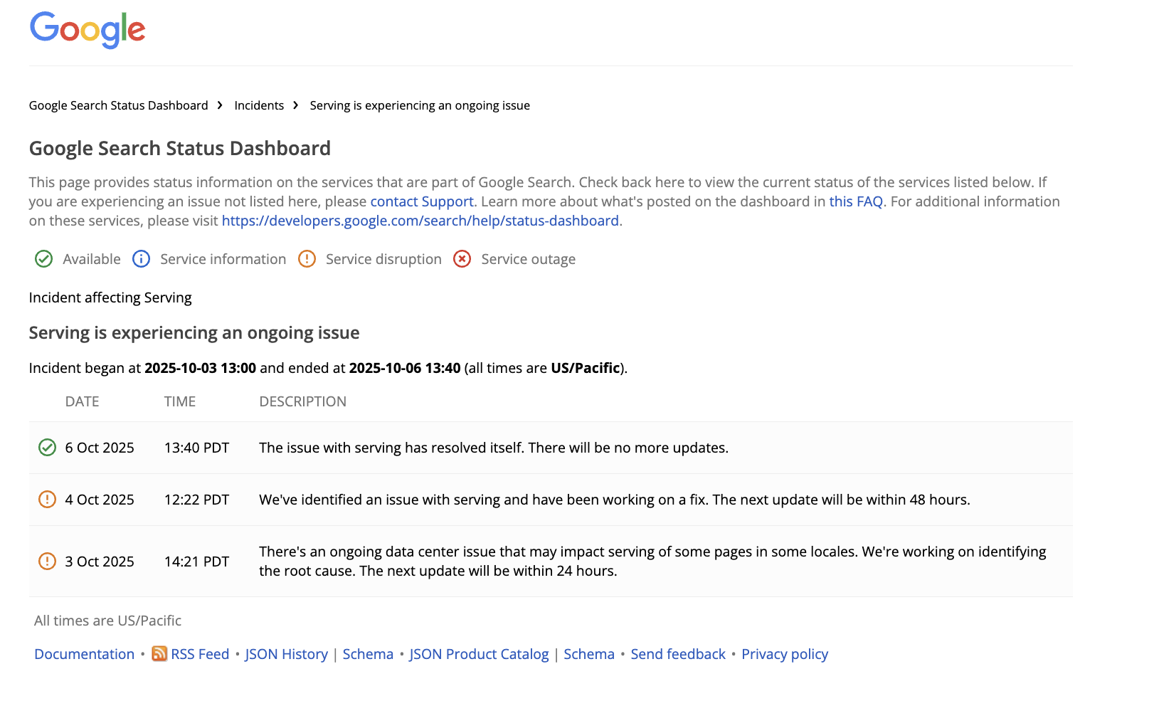 Google Search Status Dashboard 07.10.25