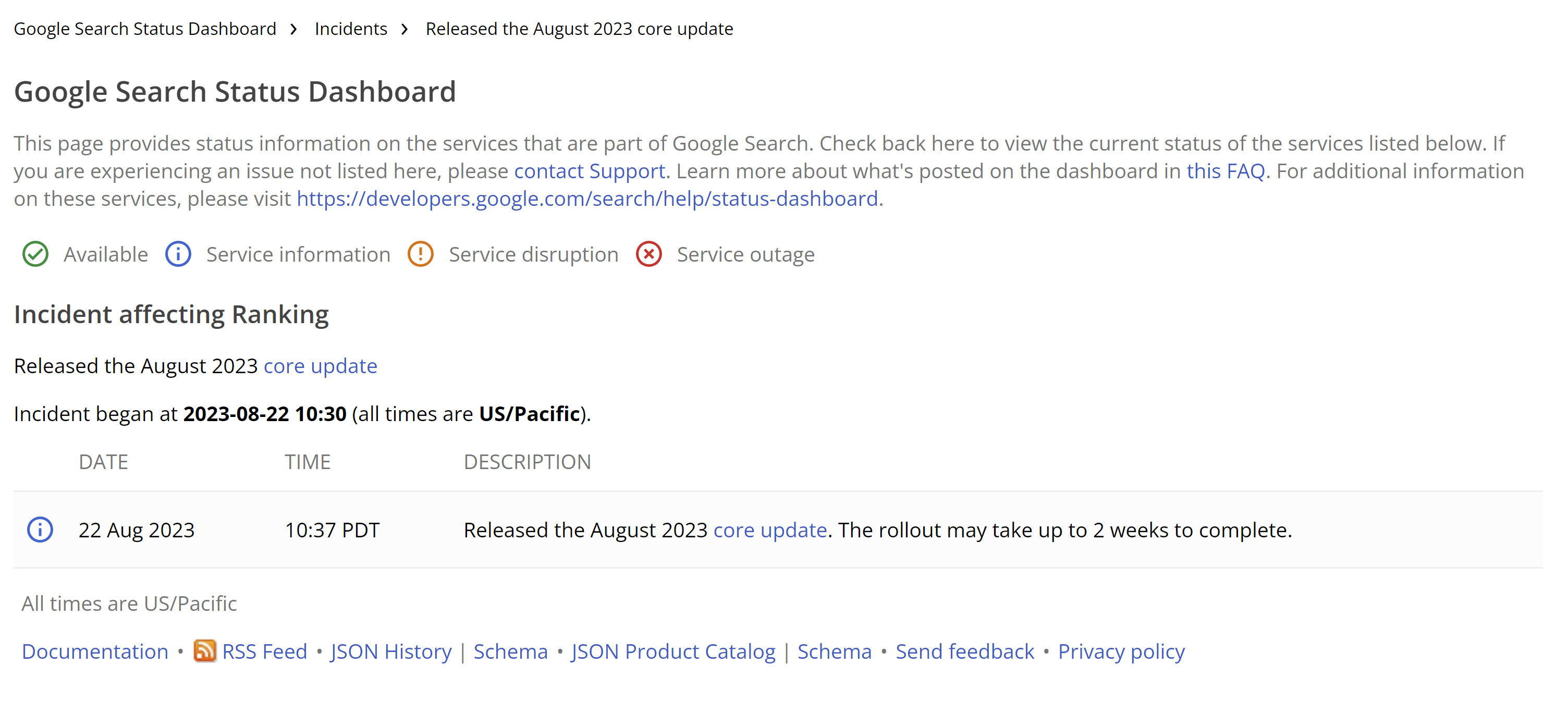 Google Search Status Dashboard mit August 2023 Core Update
