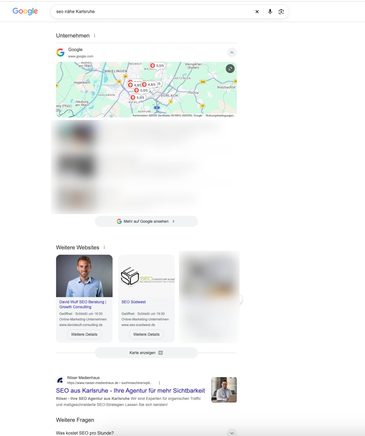 Google SERP mit lokalen Ergebnissen für Karlsruhe