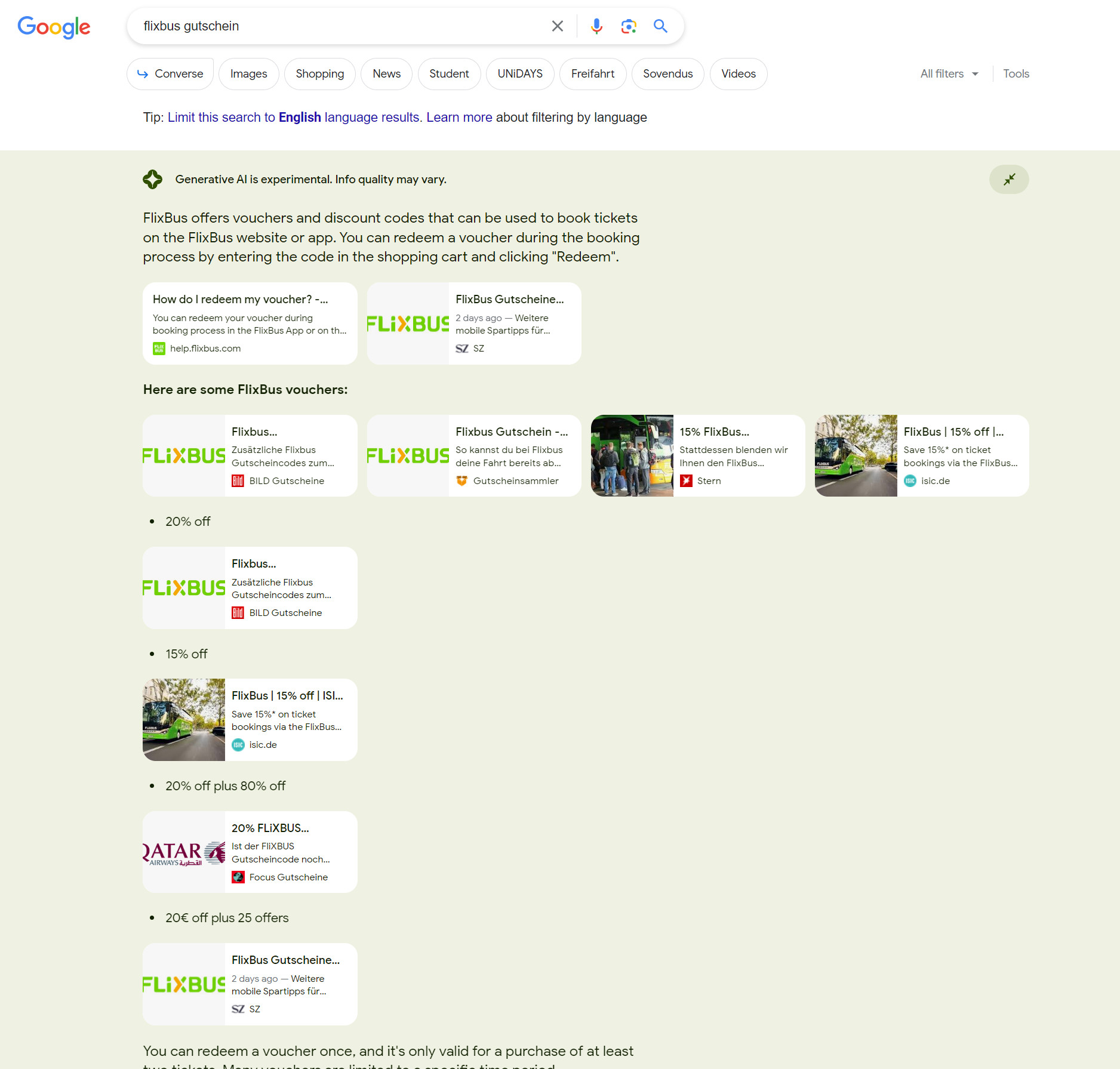 Google SGE: Erweiterte Quellen für 'Flixbus Gutschein'