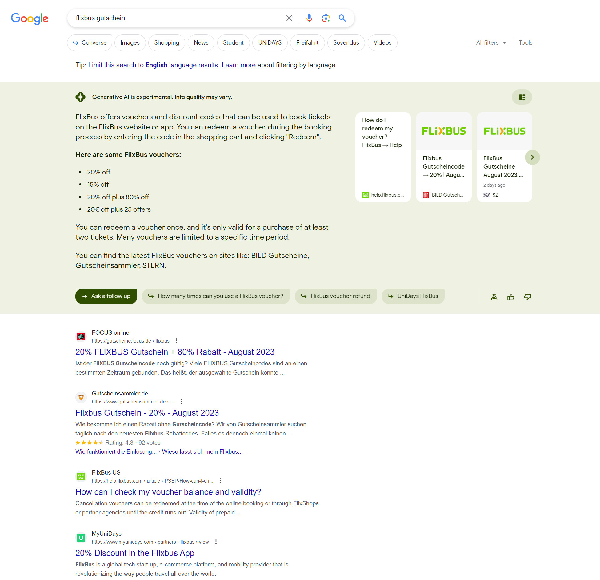 Google SGE: AI Snapshot mit Links für 'Flixbus Gutschein'