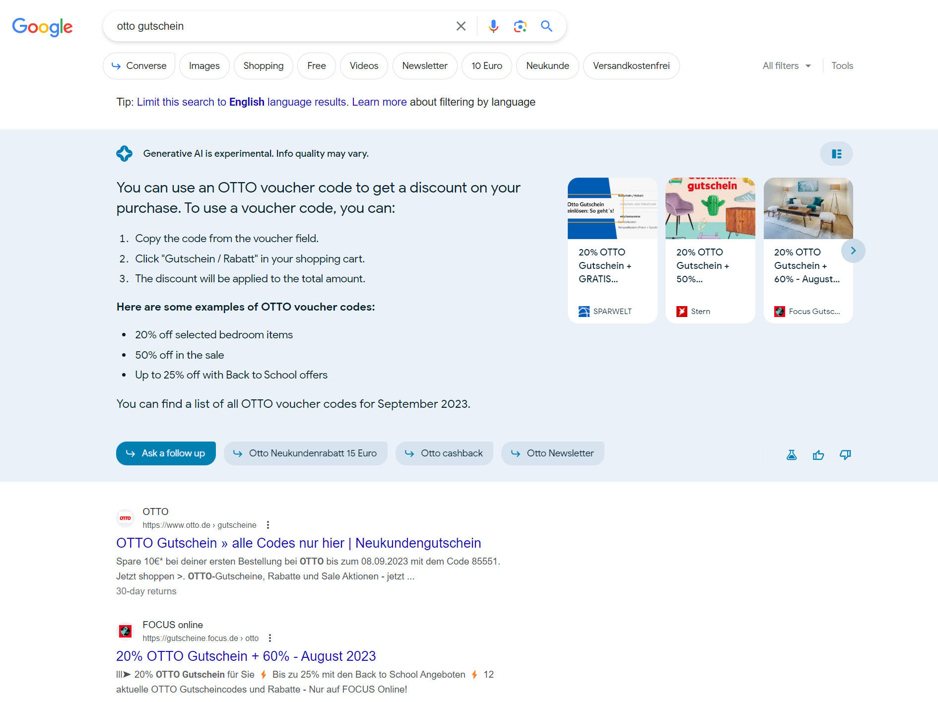 Google SGE: AI Snapshot mit Links für 'Otto Gutschein'