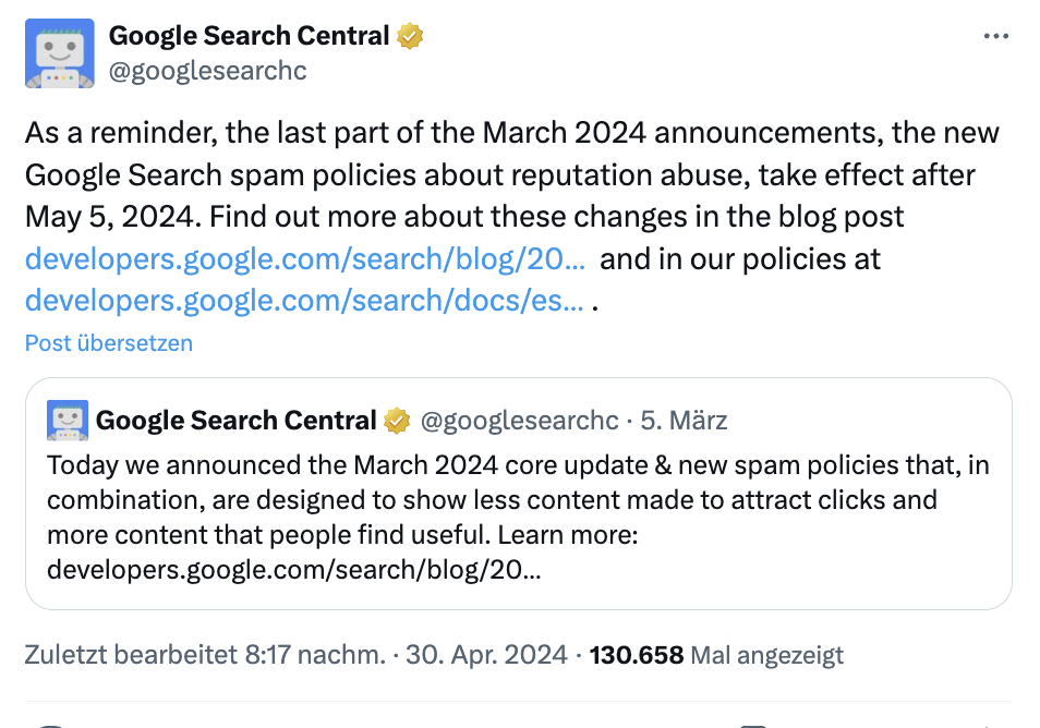 Google Site Reputation Policy tritt nach dem 5. Mai in Kraft - Google Search Central auf Twitter