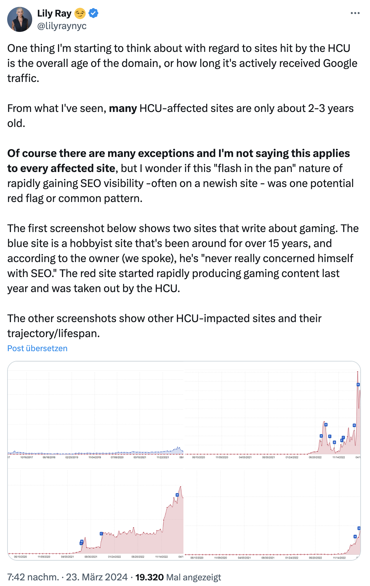 Google: Spielt das Alter einer Website eine Rolle bei der Bewertung von Helpful Content? SEO Lily Ray auf Twitter